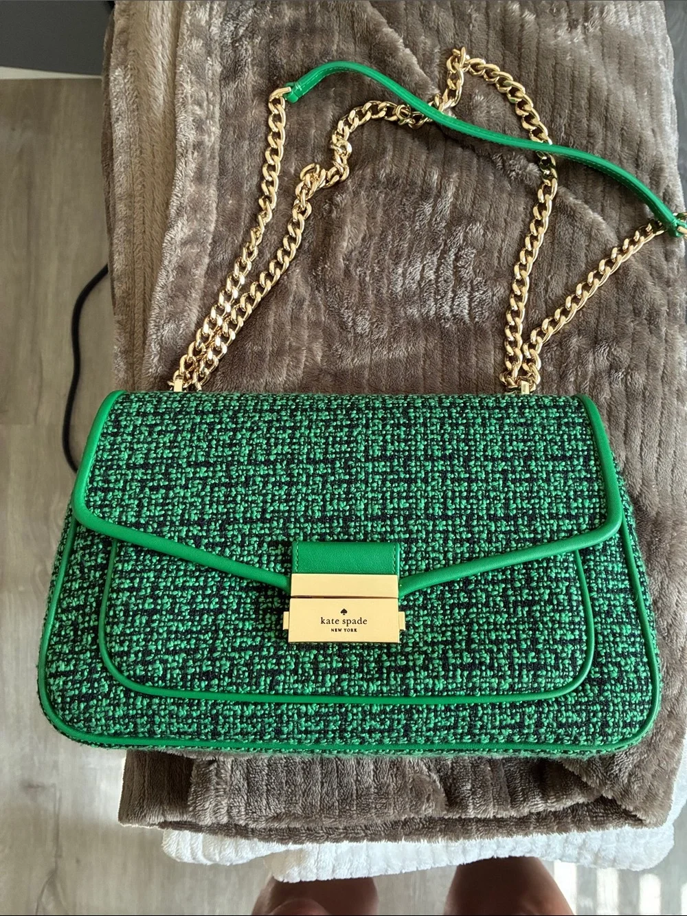 Kate Spade Carey Green Tweed Crossbody with Gold Chain